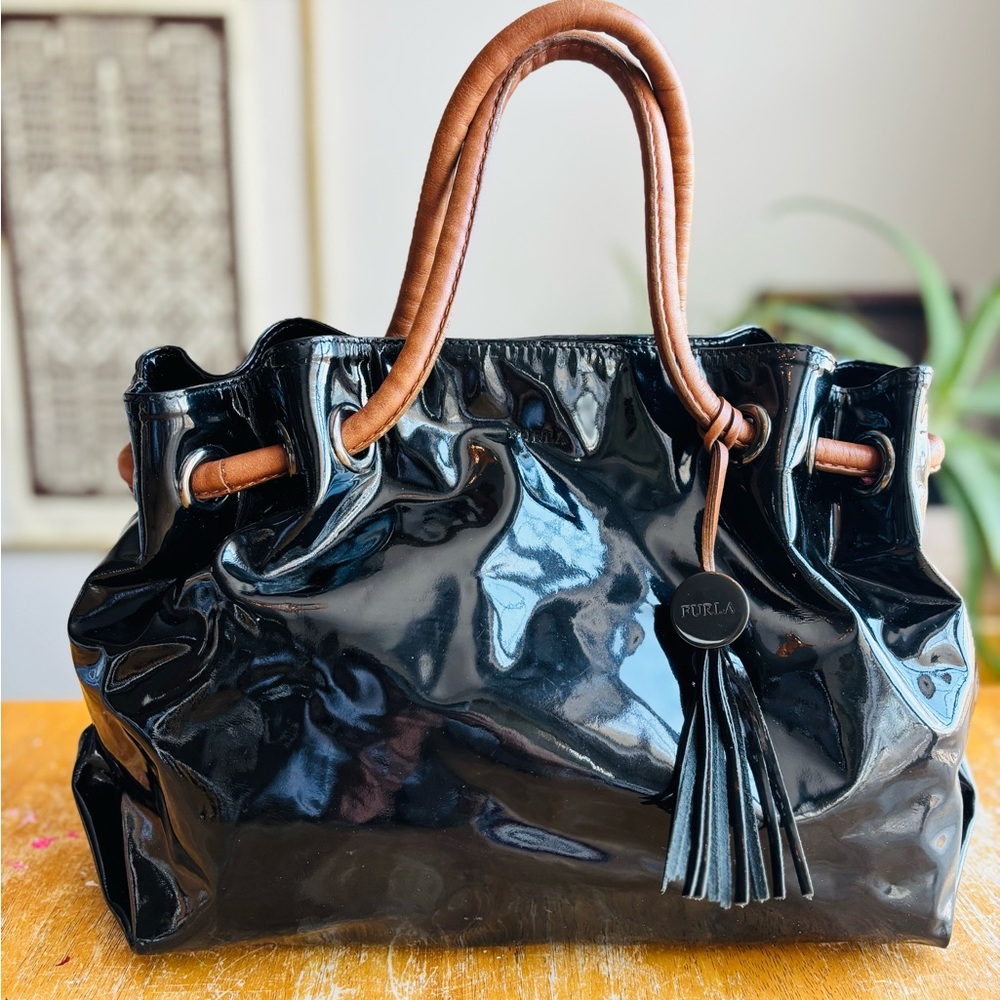 Furla Black Patent Tote with Brown Handles